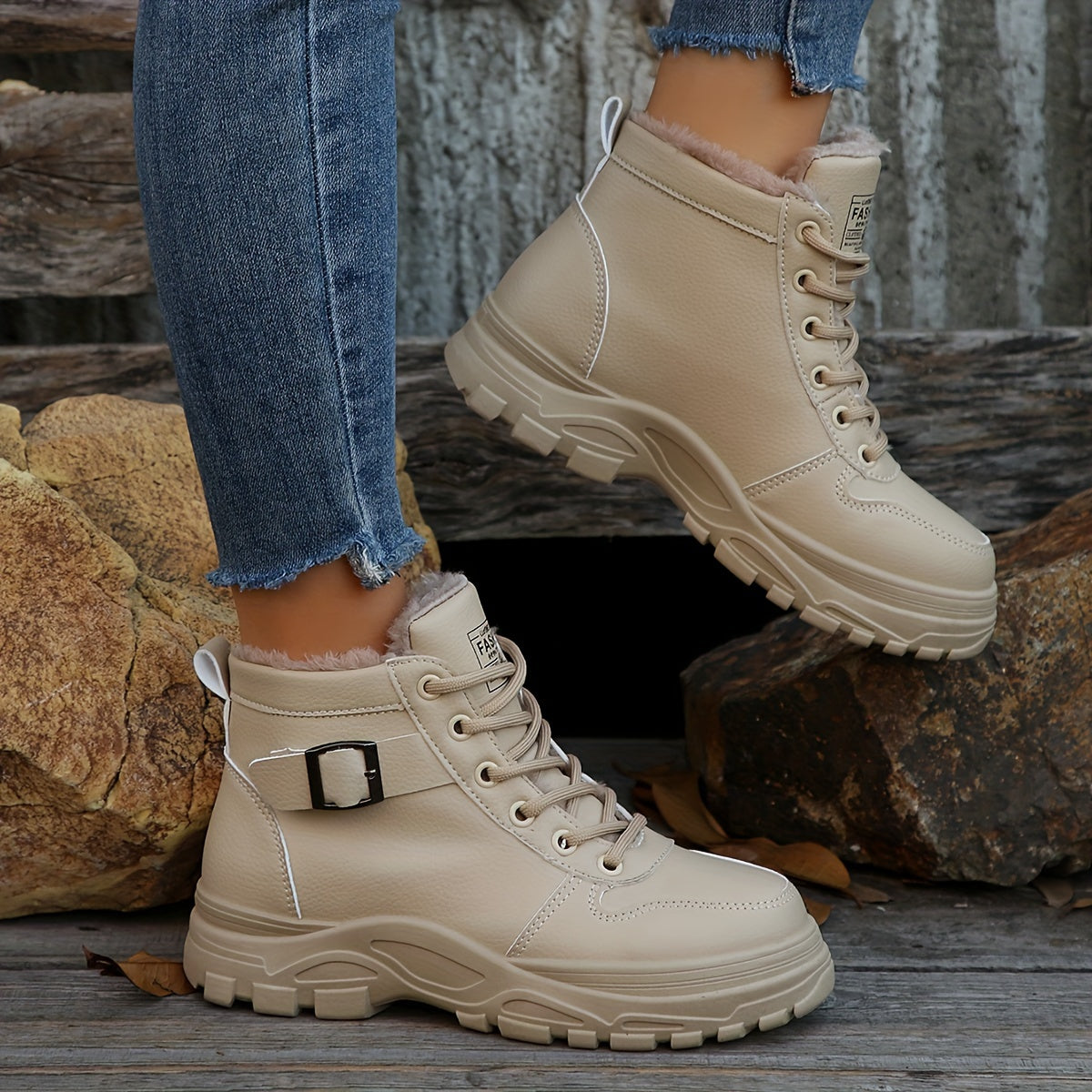 Cozy Fleece-Lined Women's Winter Boots - Warm, Non-Slip Platform Sneakers with Lace-Up Design and Thick Sole