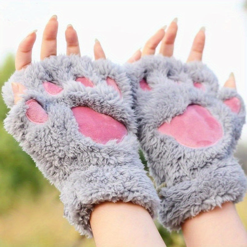 Warm Cute Cat Paw Fingerless Gloves, Winter Gloves