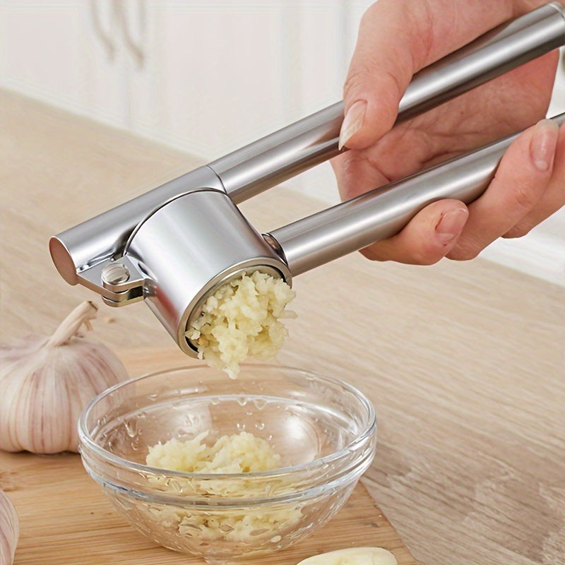Stainless Steel Garlic Press - Durable, Manual, Rust-Resistant Kitchen Gadget for Effortless Mincing & Peeling, Easy to Clean with Removable Basket - Essential Tool for Home Cooks