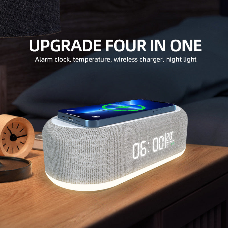 Wireless Charger with Time Alarm Clock, LED Indicator, Thermometer, and Phone Dock Station with Earphone Compartment for iPhone and for Samsung