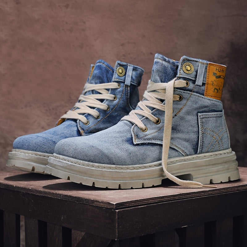 Coofay 2024 Men's High-Top Canvas Boots - Vintage Style Thick Sole Work Boots, Lace-Up Closure, Fabric Inner Lining, PVC Sole, Solid Color Pattern, Universal Fit