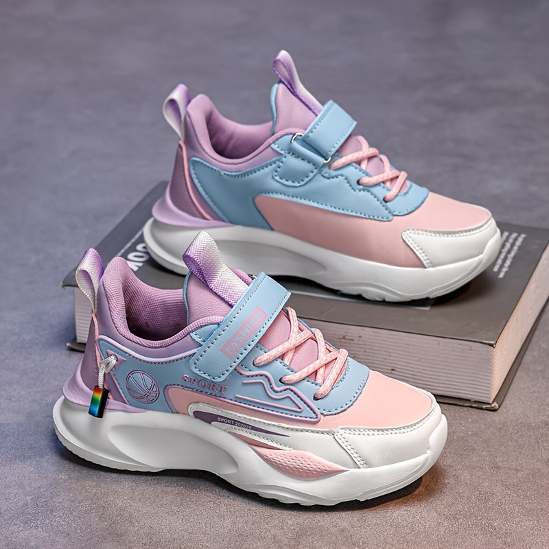 Girls' Fashion Sneakers - Lightweight, Breathable Running Shoes with Stripes for All Seasons, Easy Hook-and-loop Fastener Closure