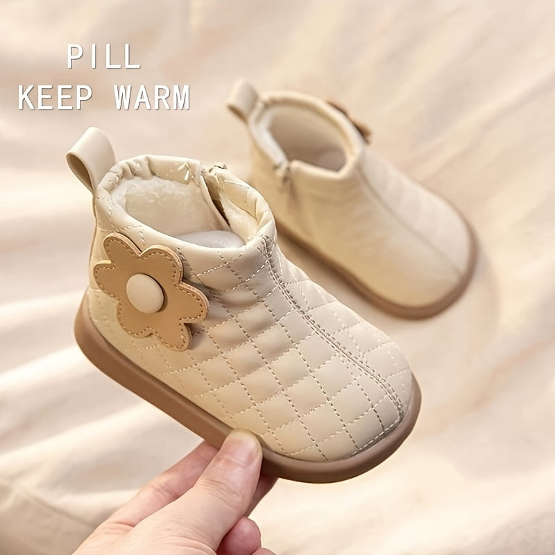 Vintage Cute Floral Girls' Ankle-High Boots with Zipper Closure - Casual Mid Top Quilted Microfiber Leather Booties with Fabric Lining for Infant and Toddler, Comfortable and Warm for Fall/Winter Outdoor Activities