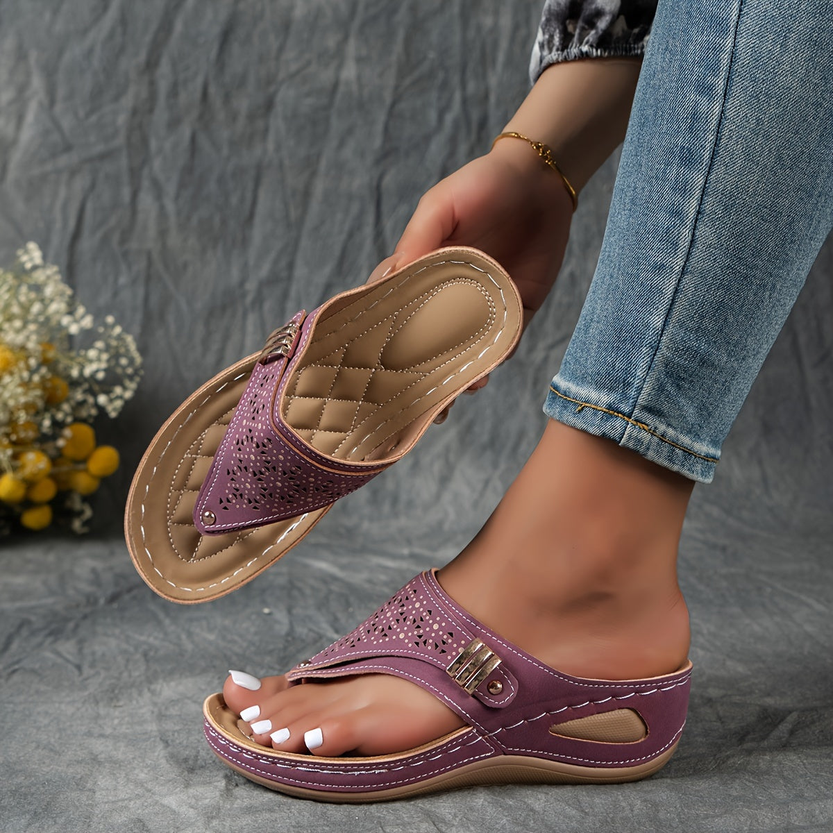 Women's Stylish Thong Sandals, Cut Out Platform Soft Sole Metallic Vacation Shoes, Comfort Wedge Beach Slides