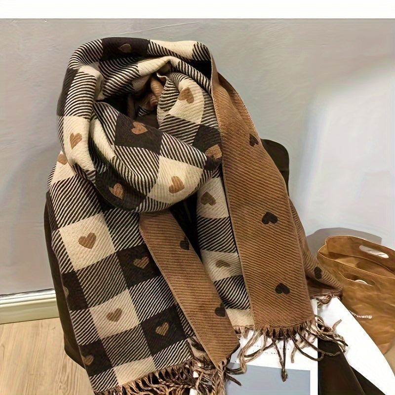 Elegant Reversible Love Heart Scarf - Thick, Warm & Windproof Polyester Shawl for Women | Perfect for Autumn & Winter