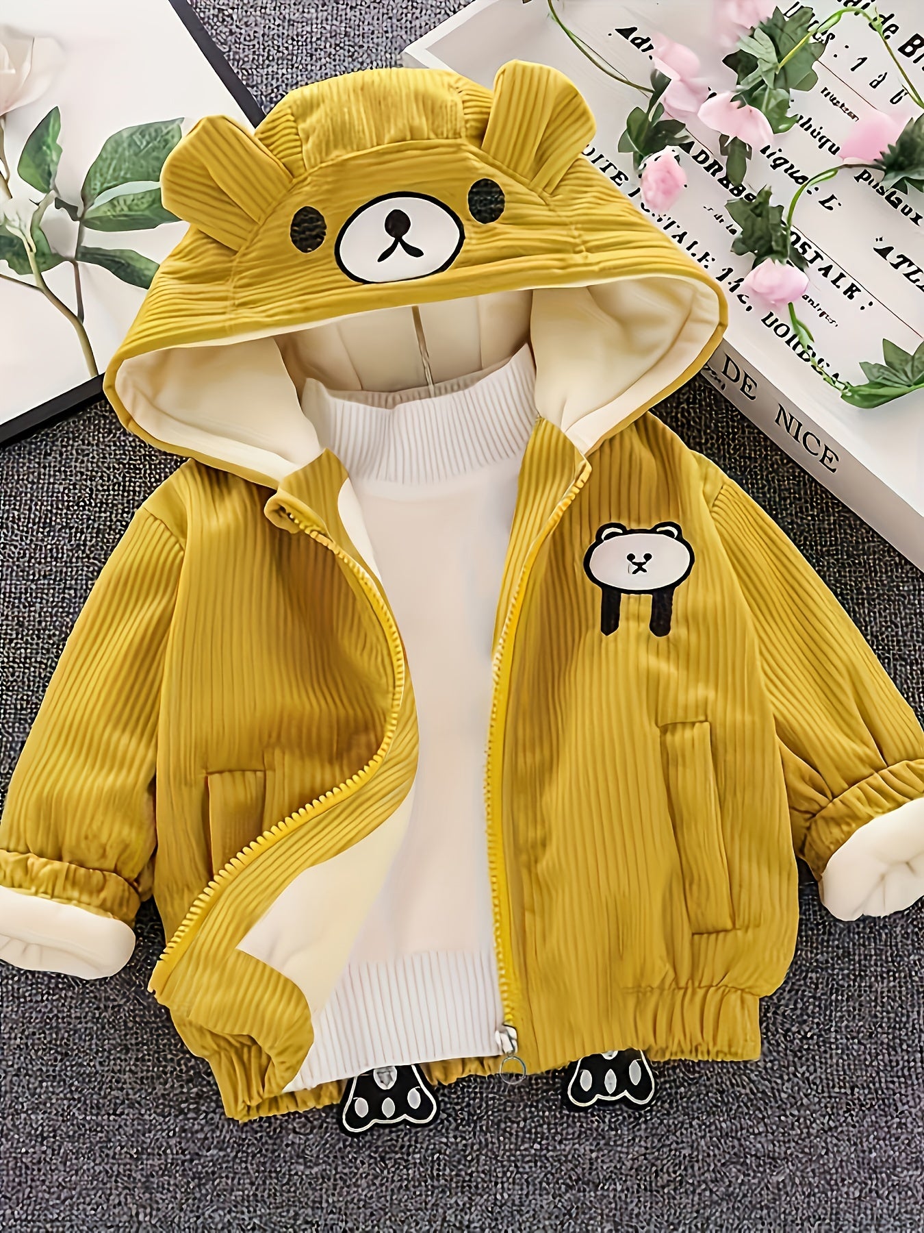 New Children's Warm Cotton-padded Winter Thick Coat Cute Bear Shape Baby Corduroy Hooded Zip UpJacket