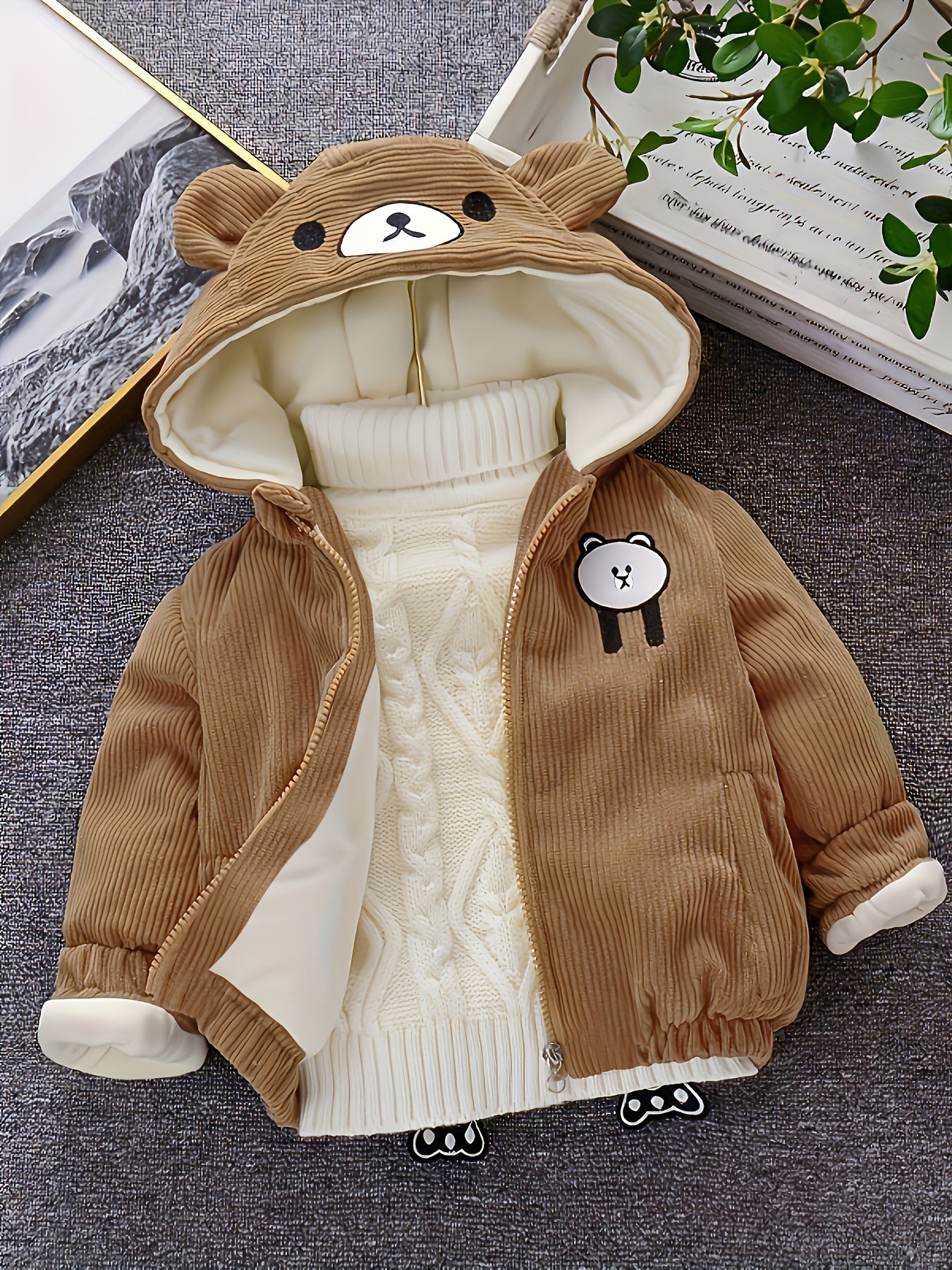 New Children's Warm Cotton-padded Winter Thick Coat Cute Bear Shape Baby Corduroy Hooded Zip UpJacket