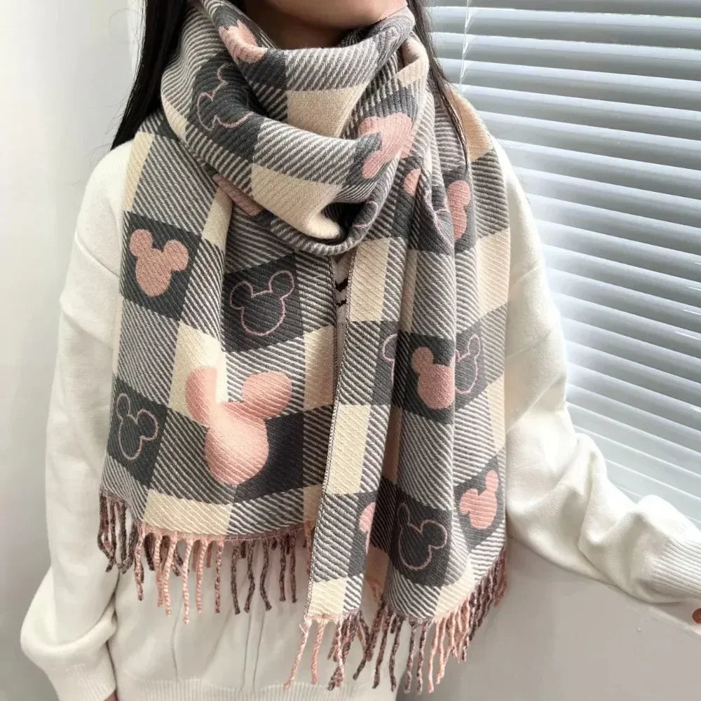 Disney Scarf 2023 Winter New Bear Head Scarf Women's Double-sided Shawl Imitation Cashmere Retro Foreign Style Fashion All-match