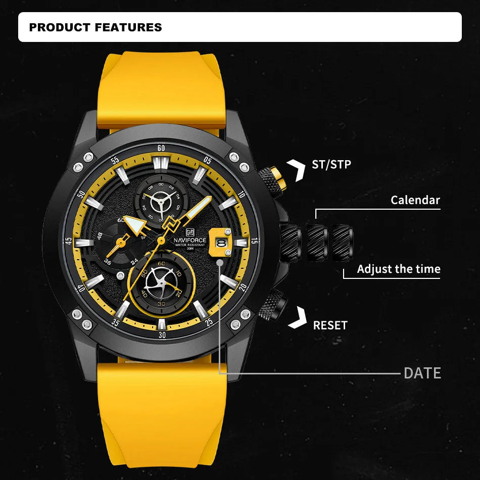 NAVIFORCE 2024 Men's Watches Fashion Casual Chronograph Quartz Wristwatch Military Silicone Strap Waterproof Clock Reloj Hombre