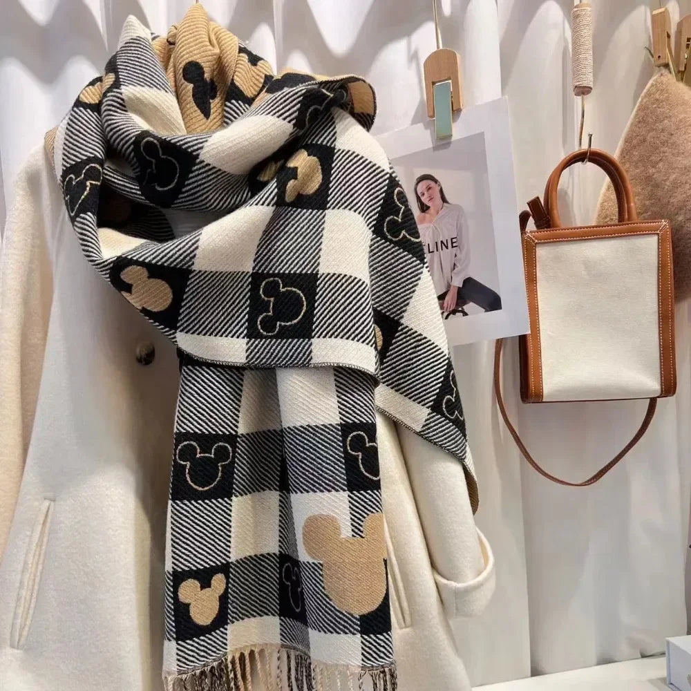 Disney Scarf 2023 Winter New Bear Head Scarf Women's Double-sided Shawl Imitation Cashmere Retro Foreign Style Fashion All-match