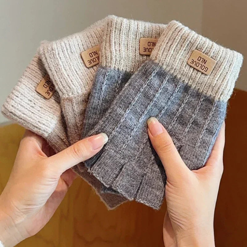 Winter Fingerless Gloves for Men Half Finger Writting Office Knitted Thick Wool Warm Label Thick Elastic Outdoor Driving Gloves