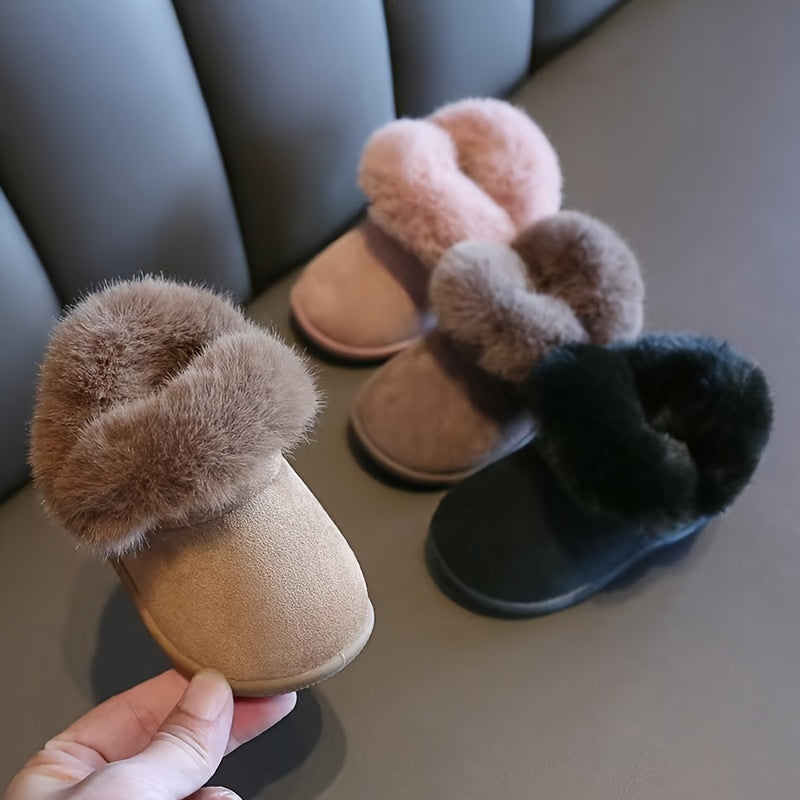 Trendy Cute Solid Color Furry Snow Boots For Baby Girls, Non-slip Warm Plus Fleece Slip On Boots For Autumn And Winter