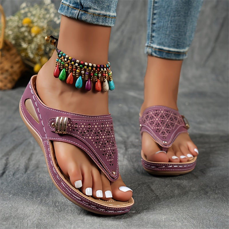 Women's Stylish Thong Sandals, Cut Out Platform Soft Sole Metallic Vacation Shoes, Comfort Wedge Beach Slides