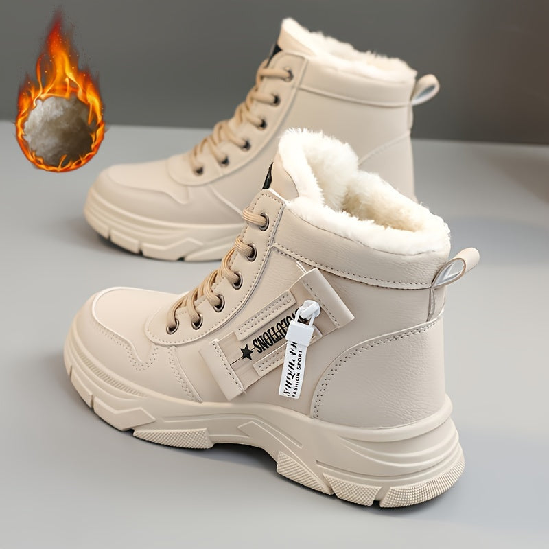 Women's Side Zipper Winter Thermal Snow Boots With Fleece Lining, Height Increased Thick-soled Platform Comfortable Lace-up Mid-tube Boots
