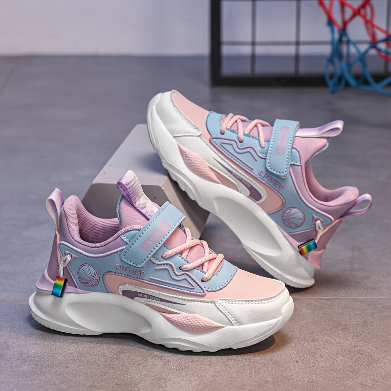 Girls' Fashion Sneakers - Lightweight, Breathable Running Shoes with Stripes for All Seasons, Easy Hook-and-loop Fastener Closure