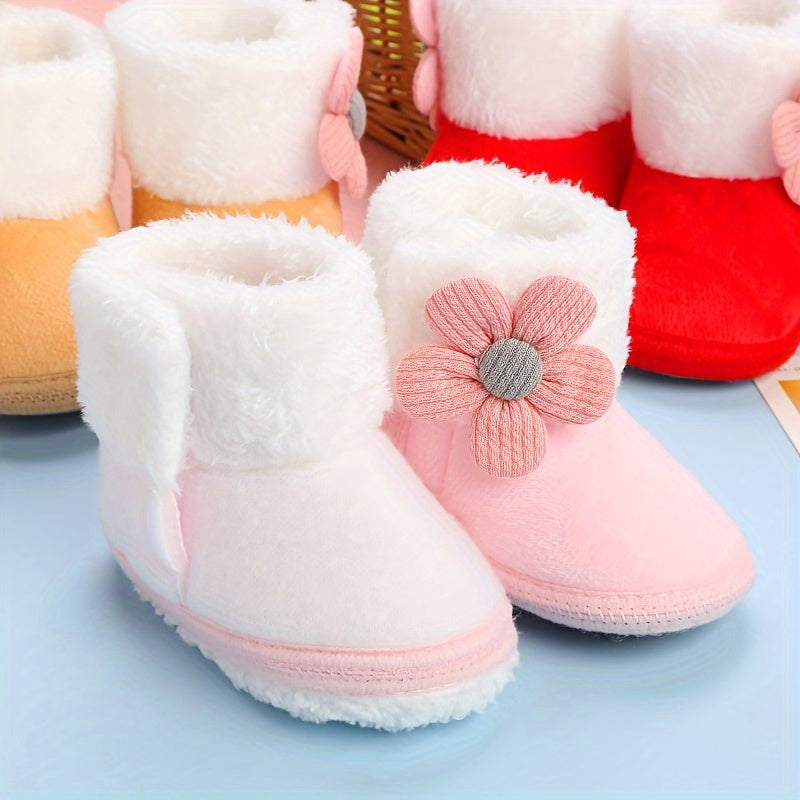 Cute Flower Decor Comfortable Boots For Baby Girls, Soft Warm Plus Fleece Boots For Indoor Walking, Autumn And Winter, Newborn Gift, Christmas Gift, Halloween Gift