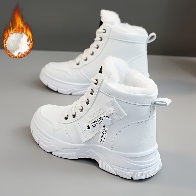 Women's Side Zipper Winter Thermal Snow Boots With Fleece Lining, Height Increased Thick-soled Platform Comfortable Lace-up Mid-tube Boots