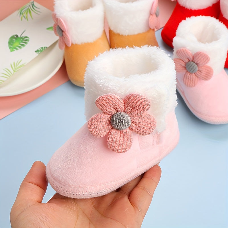 Cute Flower Decor Comfortable Boots For Baby Girls, Soft Warm Plus Fleece Boots For Indoor Walking, Autumn And Winter, Newborn Gift, Christmas Gift, Halloween Gift