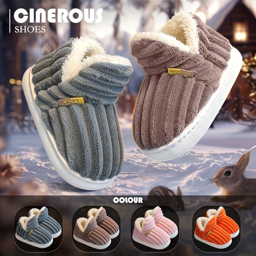 Kids Striped Snow Boots - Casual Street Cute Mid-Top Slip-On Slippers for Boys and Girls, Plush Fabric Inner, Durable PVC Sole, All-Season Comfortable Warmth with Splicing & Sewing Thread Details, Ideal for Indoor and Outdoor