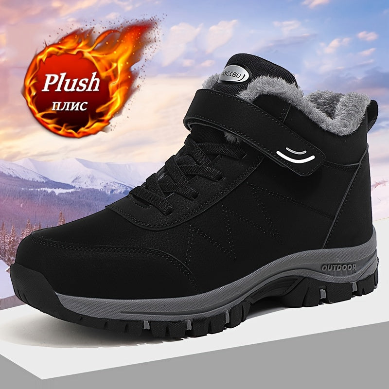 Men's Snow Boots, Warm Fleece Cozy Non-slip Ankle Boots Plush Comfy Outdoor Hiking Shoes Lined Trekking Shoes, Winter